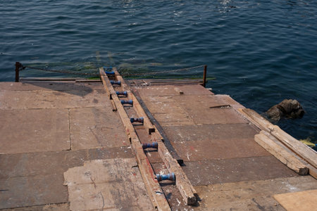 Main slipway to launch the boat in the sea of marmara, Istanbul. launching a boat into the sea on a...