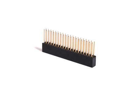 40-Pin GPIO connector header isolated on white background. 2x20 pins Raspberry Pi stacking female...