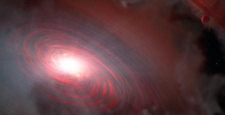 Spectacular spiral galaxy with vivid red star forming regions in the vastness of space. Detailed astronomical image.の写真素材