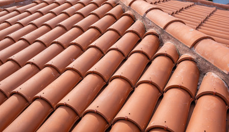 Traditional terracotta red roof tiles. Classic and durable roofing. Old and used overlapping patterns of warm terracotta house red clay tiles used in residential. Material texture, close-upの写真素材