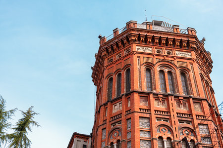 Phanar greek orthodox college. Ecumenical patriarchate of Constantinople in Istanbul, Turkey. Balat fener greek boys high great school. Historic and gothic red brick building against clear blue skyの写真素材