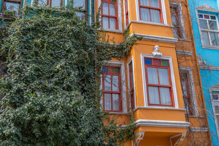 Colorful historic houses with ornate windows in Balat, Istanbul. Touristic district, attractions with historical sites. Colorful streets in Balat. Local and foreign tourists love this placeの写真素材