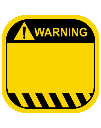 Blank yellow warning sign with a rounded rectangle shape, black and yellow hazard stripes and bold text. Industrial safety label template with copy space for custom cautionary message or instructionsのイラスト素材