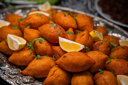 Traditional Turkish and Arap icli kofte served with lemon wedges on silver tray. Golden fried stuffed bulgur meatballs kibbeh. Popular dish in Middle Eastern cuisineの写真素材
