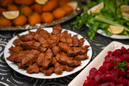 Plate of traditional cig kofte served with beet salad, greens and lemon slices. Traditional middle eastern and turkish cuisine kibbeh. Spicy bulgur raw meatballs. Table dinner conceptの写真素材