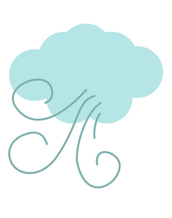 Cute flat vector icon of a light blue cloud with swirling wind lines underneath. Breezy or windy condition isolated on a white backgroundのイラスト素材