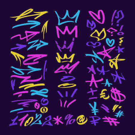 multicolored graffiti elements set marker, arrows, crown, heart and stars, bright coloredのイラスト素材