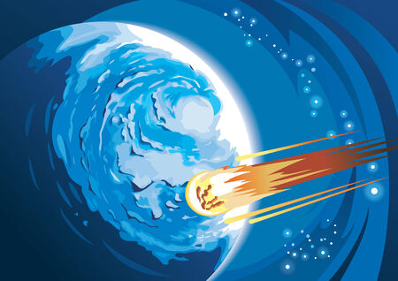 Comet with burning tail rushing to a planet, vector illustrationのイラスト素材
