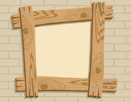 Frame of wooden boards against a backdrop of brickwall, vector illustrationのイラスト素材
