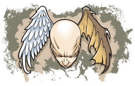 Philosophical concept of human nature, two wings, angel and demon, grunge background, vector illustrationのイラスト素材