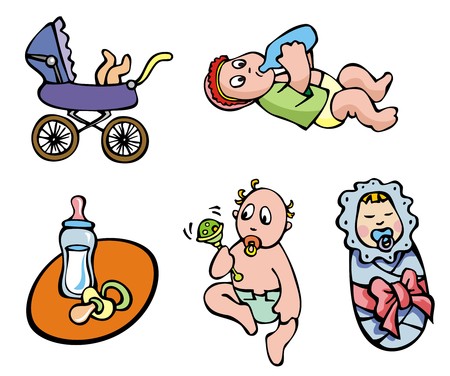 Set of cartoon drawing of children, babies, different activities, vector illustrationのイラスト素材