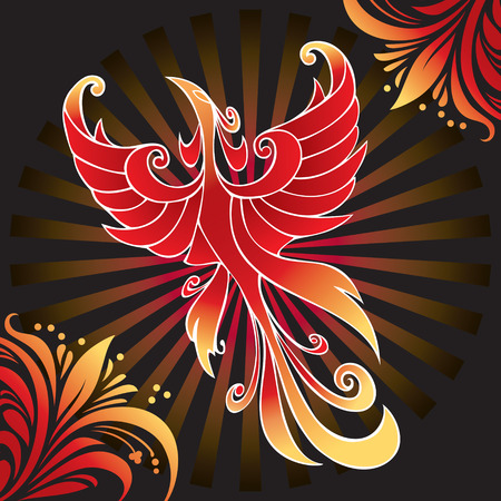 Firebird, mythical creature from Russian tales, with background of rays and fantastic flowers, vector illustrationのイラスト素材