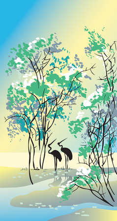 Four seasons: summer, hand-drawing picture in Chinese traditional painting style, vector illustrationのイラスト素材