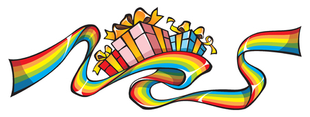 Rainbow ribbon with holiday gifts, element of design, vector illustrationのイラスト素材
