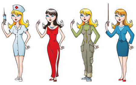 Set of 4 women, different occupations: nurse, singer, geologist and teacher. Vector illustrationのイラスト素材