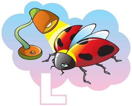Series of Children alphabet: letter L, ladybug and lamp, cartoon.のイラスト素材