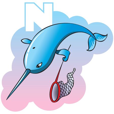 Series of Children alphabet: letter N, narwhal and net, cartoon.のイラスト素材