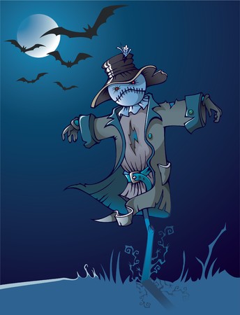 Evil scarecrow under the moon, night scene, cartoon illustrationのイラスト素材