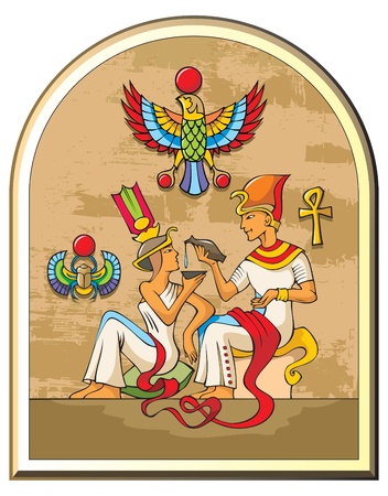 Stylized illustration of life in ancient Egypt, the pharaoh and the empress, papyrus background, symbols of falcon and scarabのイラスト素材