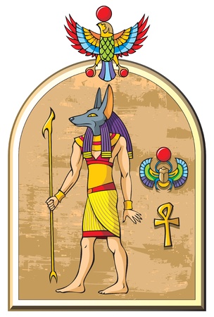 Stylized image of Anubis, the god of ancient Egypt, old papyrus background, symbols of falcon,  scarab and ankh, vector illustrationのイラスト素材