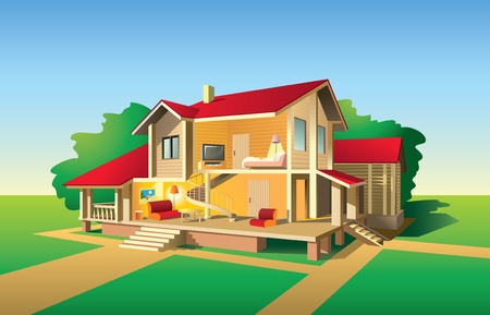 Country house without front wall, interior and exterior view in sunny day, illustrationのイラスト素材