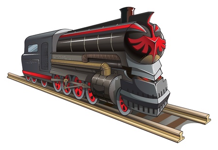 Demonic train, old steam locomotive with red eyes instead of headlight and mystic symbol, vector illustrationのイラスト素材