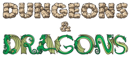 Dungeons and dragons, inscription by hand-made fonts, stone and dragon, vector illustrationのイラスト素材