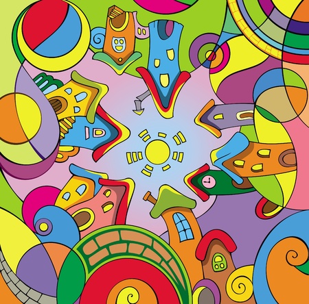 Funny cartoon town in the circle, vector illustrationのイラスト素材