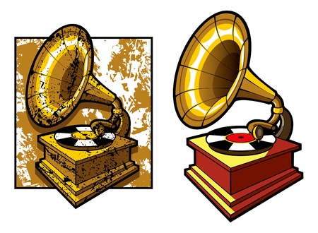 Old gramophone isolated and grunge background, illustrationのイラスト素材