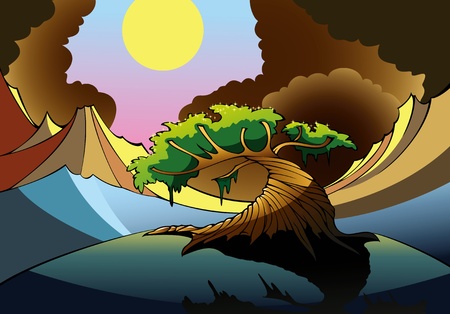 Magic tree in the valley, surrounded by mountains,のイラスト素材