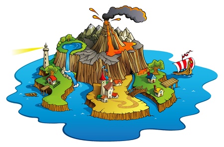 Fairy tale landscape, wonder island with town and villages, cartoon illustrationのイラスト素材