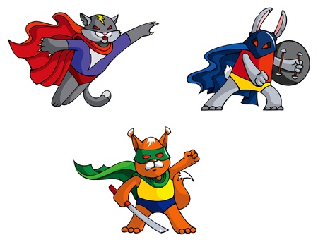 Funny animals superheroes cat, rabbit and squirrel, mock illustrationのイラスト素材