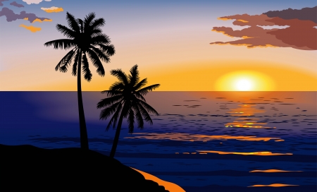 Tropical sunset at sea, palm trees and red clouds, vector illustrationのイラスト素材