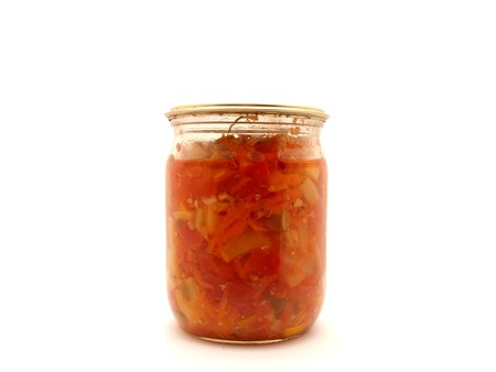 Bank with salad on a white backgroundの写真素材