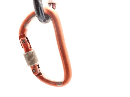Close-up of a blue carabiner isolated over white の写真素材