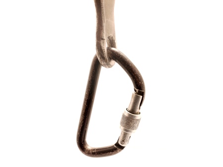Close-up of a blue carabiner isolated over white 