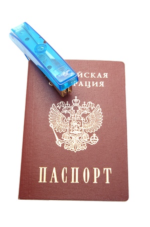 Passport and blue steplerの写真素材