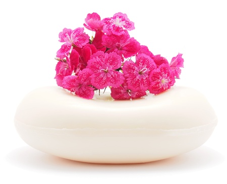 Carnation and soap on a white backgroundの写真素材