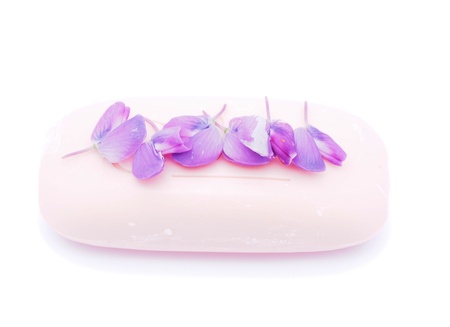 soap and flowers on white backgroundの写真素材