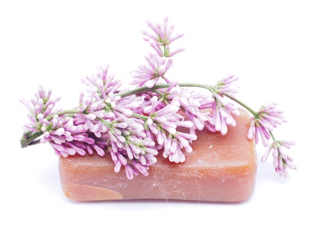 soap and flowers on white backgroundの写真素材