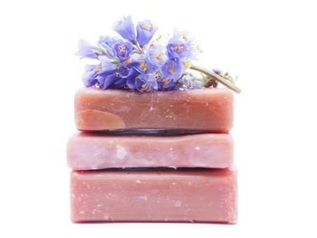soap and flowers on white backgroundの写真素材