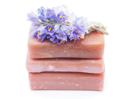 soap and flowers on white backgroundの写真素材