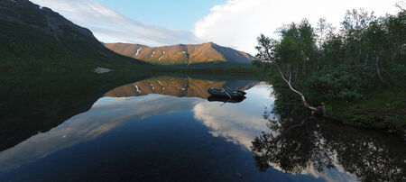 Boat on a mountain lake. Panoramaのeditorial素材