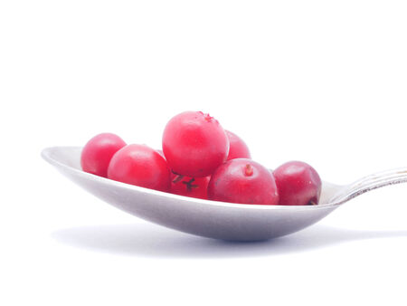 cranberries and spoon on a white backgroundの写真素材