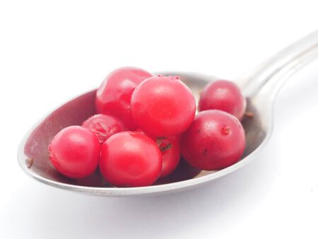 cranberries and spoon on a white backgroundの写真素材