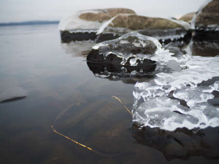glasses in the lake in winterの写真素材