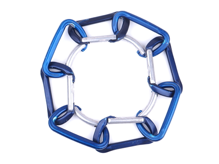 blue climbing carabiners on a white background