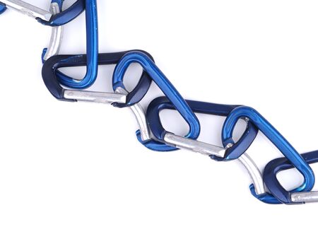 blue climbing carabiners on a white background