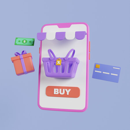Online shopping 3d illustration, online store, online payment and delivery concept.の写真素材