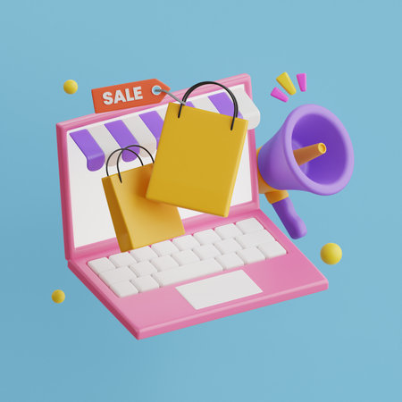 Online shopping 3d illustration, online store, online payment and delivery concept.
